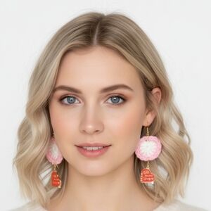 Handmade Heart-Shaped Red Earrings Pink and White Crochet 3" x 2"